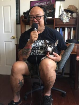Josh Alvarez of Cinepunx with George the dog. Photo by Liam.
